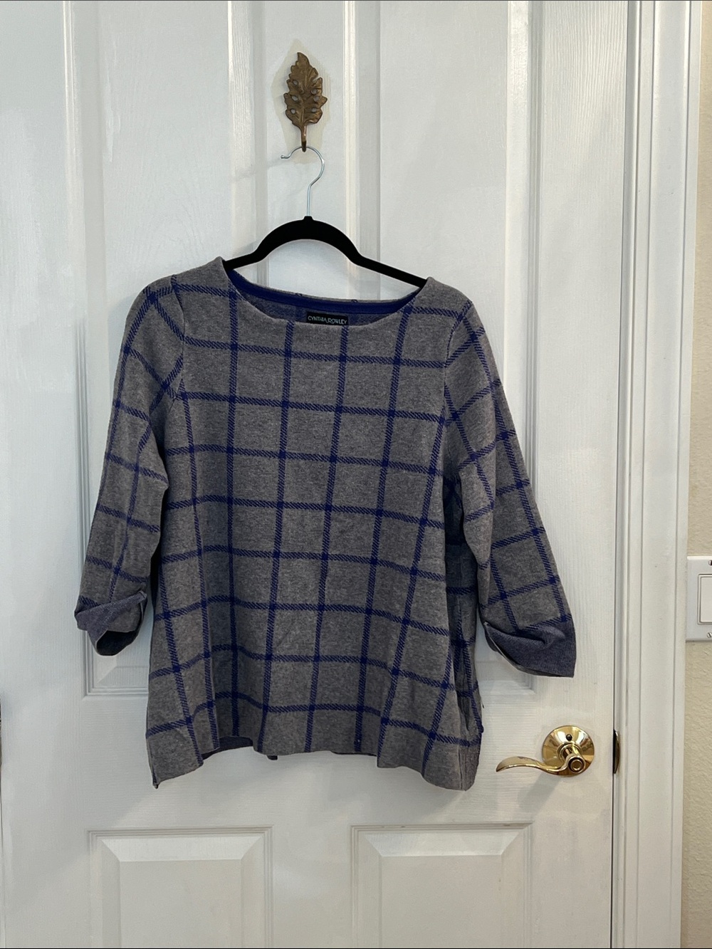 Cynthia Rowley Gray Sweater with Blue Windowpane Grid